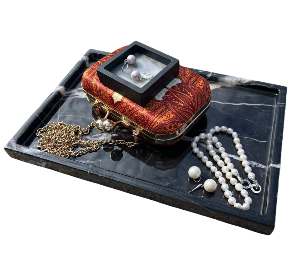 Real Natural Rectangular Marble Tray for Bathroom, Genuine Marble Stone Vanity Tray, Luxury Storage Trays for Kitchen, Vanity, Home Decor, Dresser, Non-Resin/Non-Ceramic, 12.2"x 8.2"x 0.9", Black