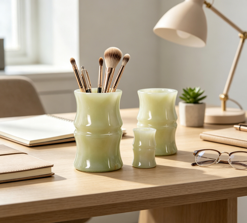 Real Luxurious Natural Marble Toothbrush Holder & Makeup Brush Organizer & Pen Holder for Desk,Round, 3 inches in diameter Marble Utensil Holder Non-Ceramic/Non-Resin