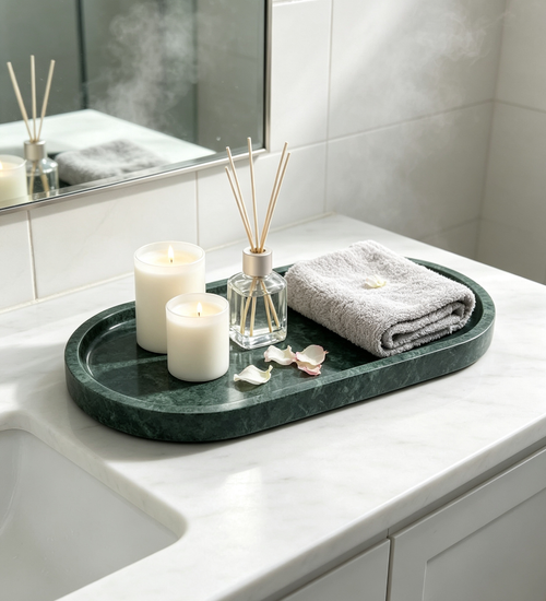Real Natural Oval Marble Tray for Bathroom, Genuine Marble Stone Vanity Tray, Luxury Storage Trays for Kitchen, Vanity, Home Decor, Dresser, Non-Resin/Non-Ceramic, 12.2"x 6.1"x0.6", Green