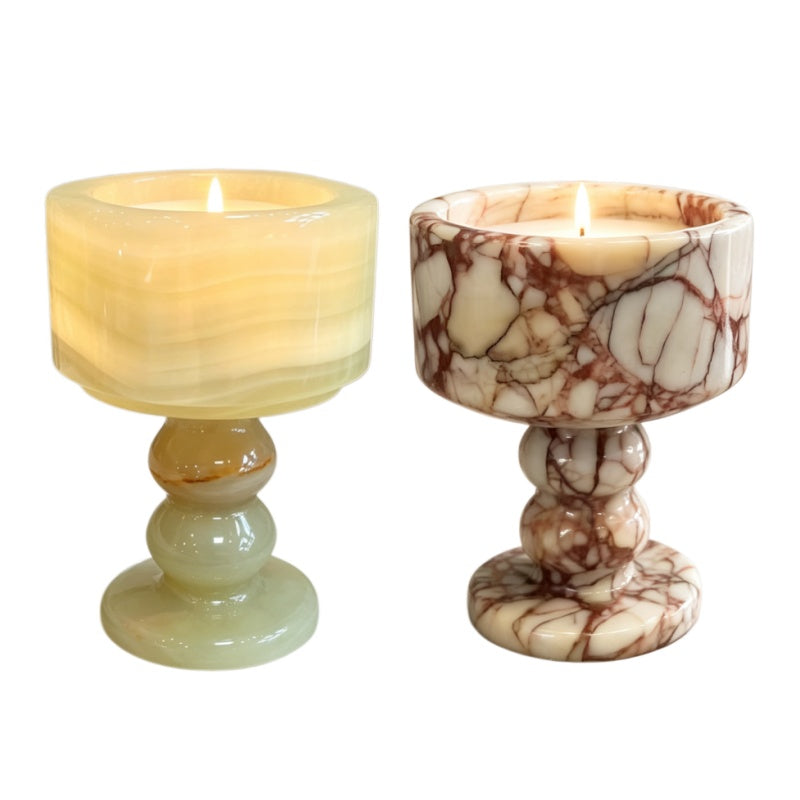 Set of 2 Natural Stone Pedestal Candle Holders - Marble & Onyx Decorative Candle Stands for Modern Home Decor